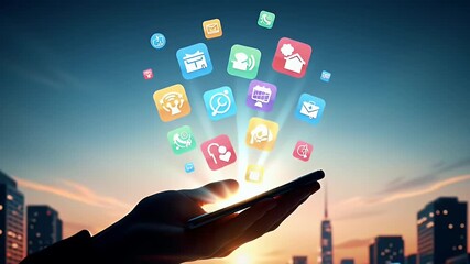 Hand Holding Smartphone with Glowing App Icons over City Sunset - Powered by Adobe