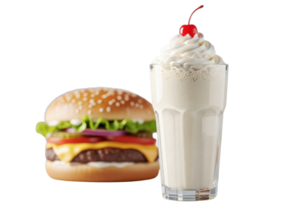 Photorealistic vanilla milkshake in fluted glass with whipped cream, Maraschino cherry, condensation, against blurred cheeseburger on transparent studio background, concept of nostalgic diner comfort