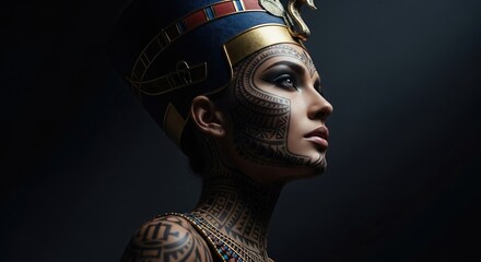 A stunning image of a woman, adorned in the style of ancient Egyptian royalty, gazes serenely towards the light, her regal bearing and elaborate headwear signifying her noble status.