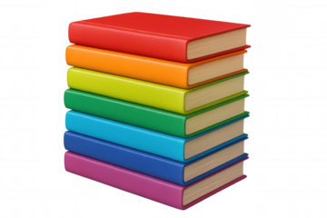 Vibrant rainbow stack of closed books with transparent background, symbolizing knowledge, learning, and education