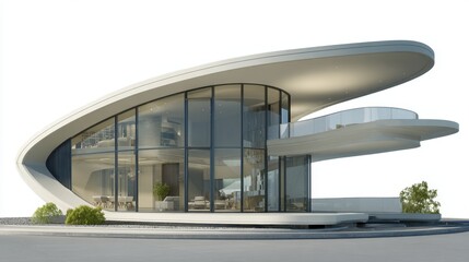 Modern architectural design of a futuristic house with curved lines and large glass windows in a minimalist setting