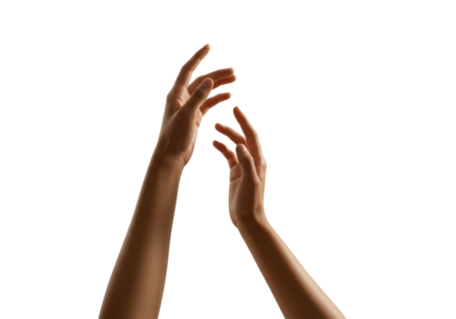 Isolated closeup of a pair of human hands reaching upward, in an expressive gesture or ballet position