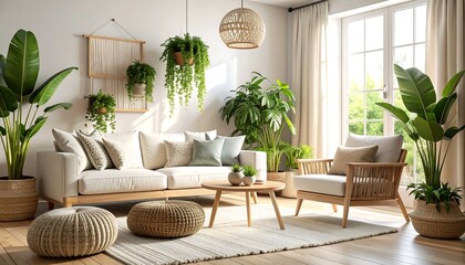 Sunlit living room with beige sofa, armchair, and abundant potted plants