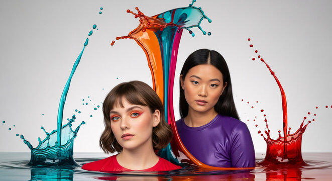 Two diverse women immersed in vibrant dynamic paint splashes and colorful liquid.
