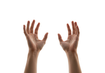 Isolated hands gesture in a reaching position, palms up, grasping motion, no background