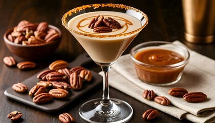 Pecan Caramel Cream Martini Cocktail.This luxurious image is perfect for bar menus, cocktail recipe websites, holiday promotional flyers, or advertising for nut-flavored liqueurs and spirits. 