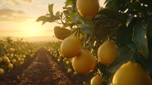 Citrus orchard at golden hour, rows of trees laden with ripe yellow fruit