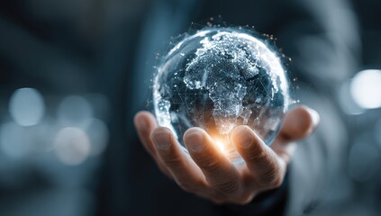 A hand holds a glowing, digital globe