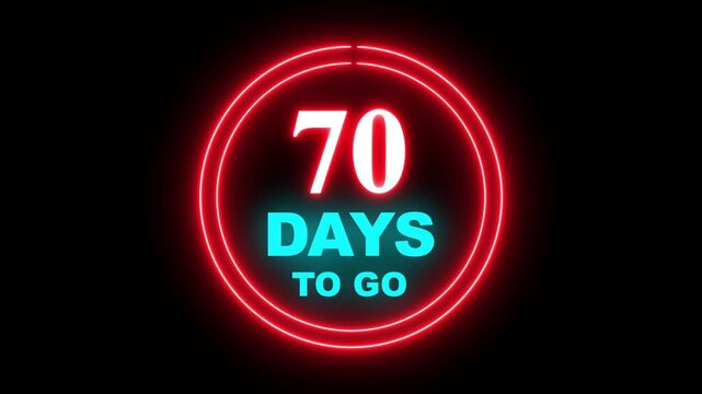 Neon line 70 days to go, 70 days count animation, motion graphics running numbers counting days, 70 days in a month, 70 days left, 4K HD video with  black background alpha channel. 