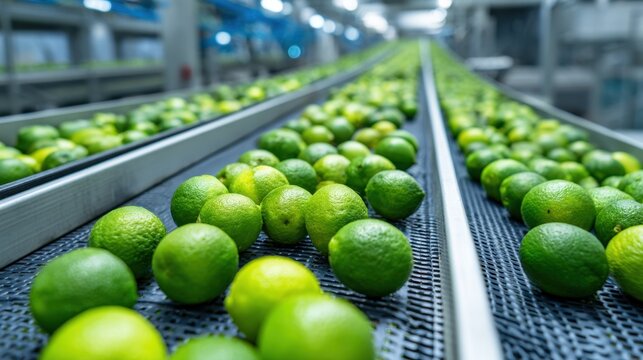 Fresh Green Limes on Production Line in Modern Food Processing Facility with Bright Lighting and Machinery in Background