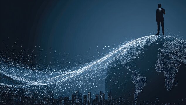 Silhouetted business leader atop a digital globe, connected to a global network