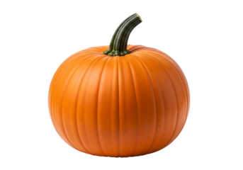 A vibrant orange pumpkin, smooth and glossy, sits against a stark black background, showcasing its ribbed texture and stem.