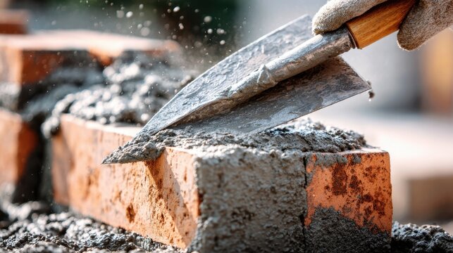 Crafting a Strong Foundation with Trowel and Mortar on Brick Structure in Construction Site