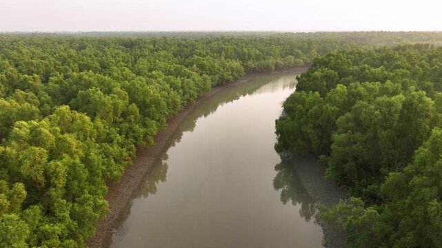 Aerial view of the serene river winding through the lush green Sundarban forest, a tranquil scene of nature's beauty, Sundarban, Khulna Division, Bangladesh.
