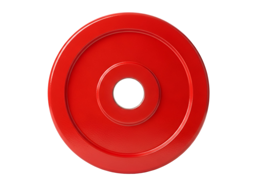A vibrant red weightlifting plate stands out against a plain black background.