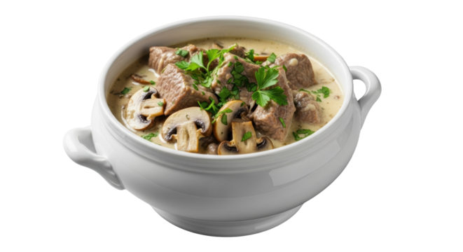Appetizing blanquette de veau, creamy veal stew with mushrooms, fresh parsley in white tureen on transparent, soft studio light, French comfort food concept.