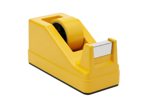 A bright yellow tape dispenser with a black base stands out against a pure black background.