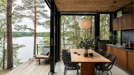 Fototapeta premium Modern Scandinavian Dining Area Overlooking Serene Lake with Trees, Natural Light and Stylish Decor