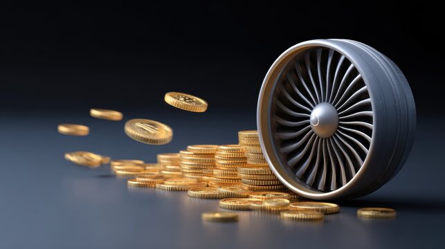 Engine turbine and golden coins demonstrating the relationship between finance and aviation industry growth
