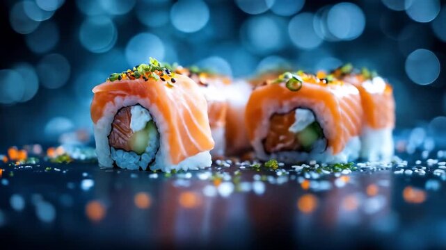 Close-up of salmon sushi rolls on a dark surface with blurred lights