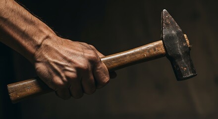 worker’s dusty hand gripping a rusty hammer