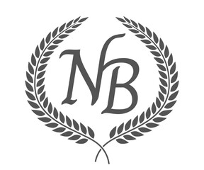 Initial letter N and B, NB monogram logo design with laurel wreath. Luxury calligraphy font.