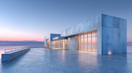 Obraz premium Modern minimalist concrete structure with large windows by the sea during sunset in serene coastal environment