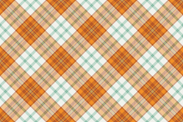 Seamless plaid pattern. Tartan texture in orange, green,  white hues. Ideal for fabric, backgrounds, or graphic designs. Versatile, cozy, and timeless.