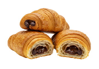 Isolated chocolate croissants on a counter, delicious baked French pastries, sweet dessert