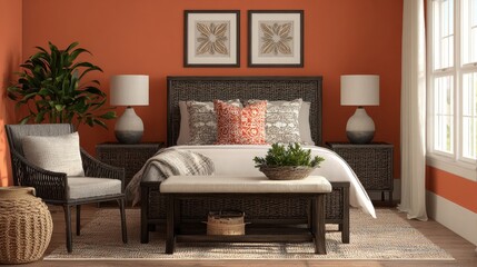 Cozy and Inviting Bedroom with Warm Orange Walls and Stylish Decor Enhancements for Modern Home Interiors