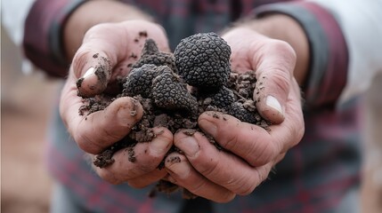 A close-up of hands gently brushing soil from freshly foraged truffles, highlighting the delicate process of harvesting one of nature's finest ingredients