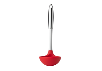 A bright red silicone ladle with a polished stainless steel handle stands out against a black background.