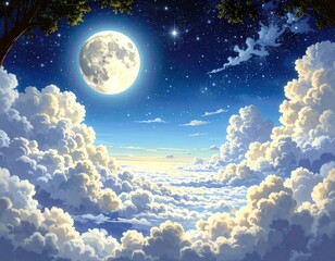 Serene night sky scene above a vast sea of clouds, illuminated by a large full moon