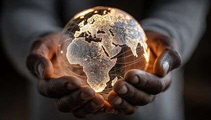 A glowing globe rests gently in the cupped hands of a person.  The world map is highlighted with light, illuminating the continents.  Focus is on the hands and globe