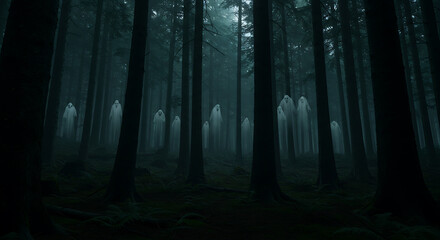 Ethereal Forest Mysterious Lights Amidst the Dark and Misty Woods, An Enchanting Atmosphere