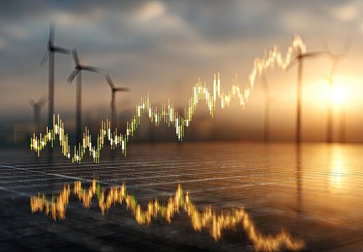 Sunrise over wind farm, financial chart
