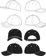 Baseball cap vector illustration set with front, back, and side views, black and white snapback hat design templates for fashion branding.