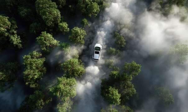 Aerial view of a white car drifting through a misty forest - Powered by Adobe