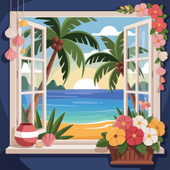 Window with flowers overlooking tropical beach and ocean scenery