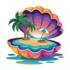 Tropical island with palm trees and sun by the ocean