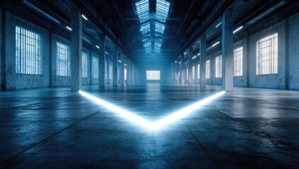 Obraz premium Industrial warehouse interior, vibrant neon light