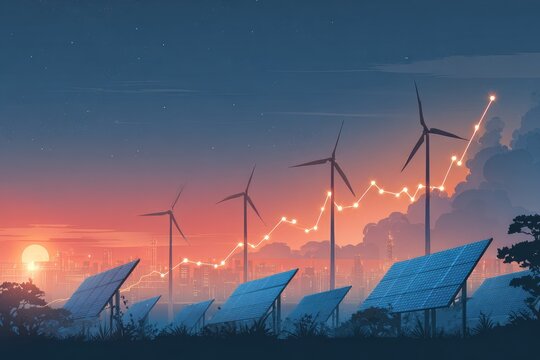 Wind turbines and solar panels at sunset, with a rising line graph