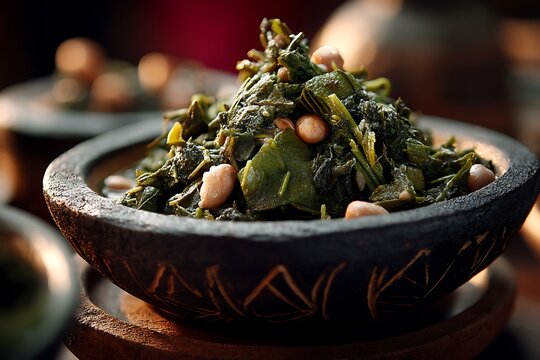 A close-up of Mozambican matapa, made with cassava leaves, peanuts, and coconut milk, served in a traditional bowl, basking in the glow of natural daylight, evoking the essence of African cuisine