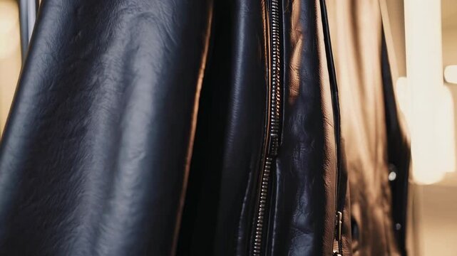 Close-up, angled shot of a black leather jacket hanging, showcasing texture and style. Ideal for fashion video content or promotional use.