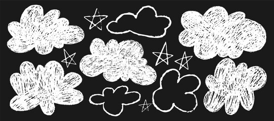 Crayon white naive clouds and stars vector icons set on black background. Hand drawn freehand different elements. Pencil texture drawing in kid girly style
