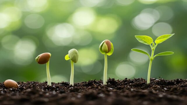 Close-up of sprouting seeds in rich soil, showcasing growth stages against a blurred green background