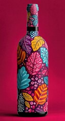 Vibrant wine bottle with colorful leaves and berries