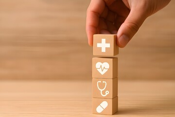 Health Insurance Concept, Hand arranging wood cube stacking with icon healthcare medical on wood background, copy space, financial concept.