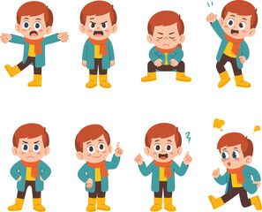 Cute cartoon boy character vector illustration showing different emotions, facial expressions, body language, childhood mood, kids activity, emotional poses, isolated design