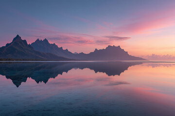 Obraz premium Stunning twilight view of jagged mountain range perfectly reflected in calm water under a colorful pink and purple sky